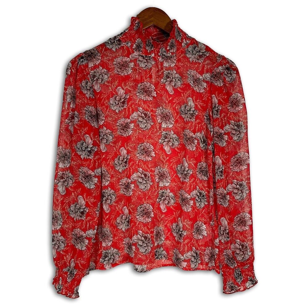 Meadow Rue Anthropologie Red Floral Sheer Metallic Blouse Size 0 Boho Chic